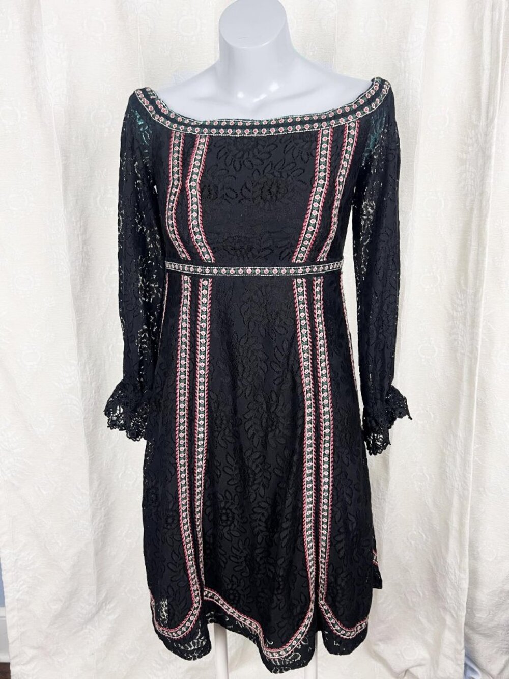 Champagne & Strawberry embroidered black lace off shoulder dress coquette boho